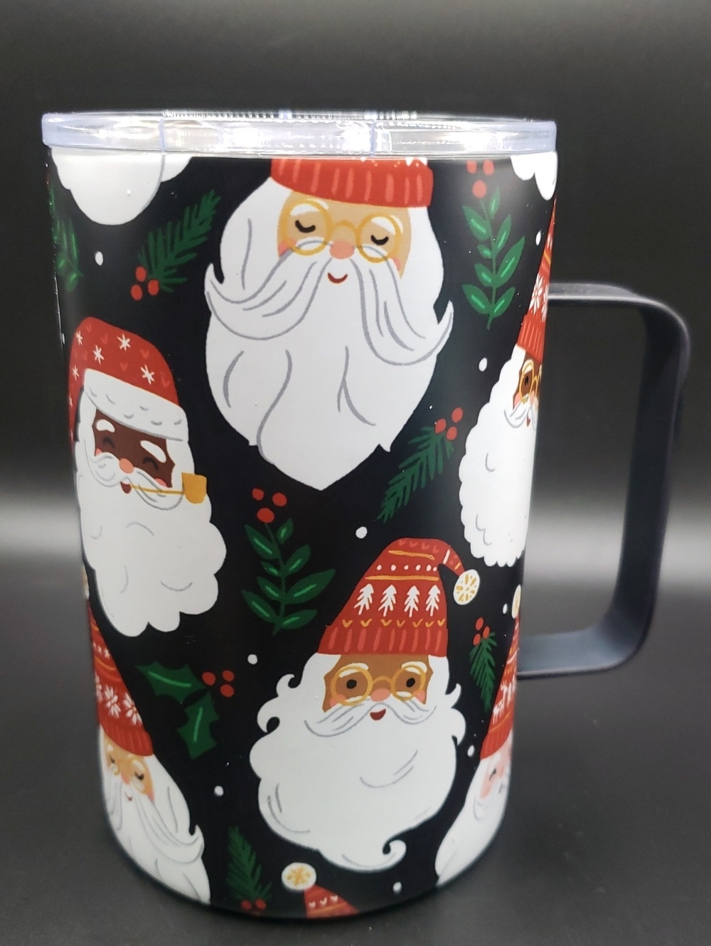 Clementine Faces Of Santa Holiday Stainless Lidded Travel Mug